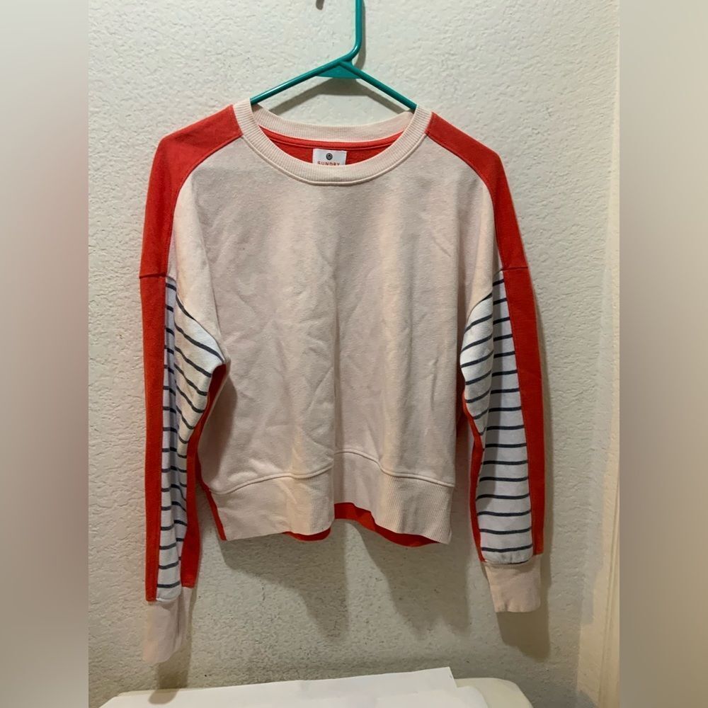 Sundry x Anthropologie Color Block Striped Pink Coral Pullover Sweatshirt size 0